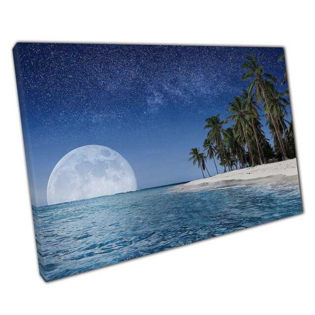 Moonlit Paradise Beach Canvas Starry Night Sky, Palm Trees & Blue Sea Wall Art For Home Office - image 1