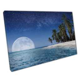 Moonlit Paradise Beach Canvas Starry Night Sky, Palm Trees & Blue Sea Wall Art For Home Office - thumbnail 1