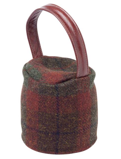 Harris Tweed 100% Pure New Wool Round Doorstop Cover With Real Leather Handle - Forest Check