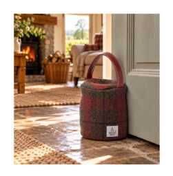 Harris Tweed 100% Pure New Wool Round Doorstop Cover With Real Leather Handle - Forest Check