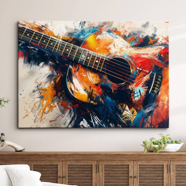 Colorful Guitar Abstract Oil Painting Musical Instrument Wall Art Framed Canvas Poster Print Home Kitchen Living Bedroom Decor Music Gift - image 1