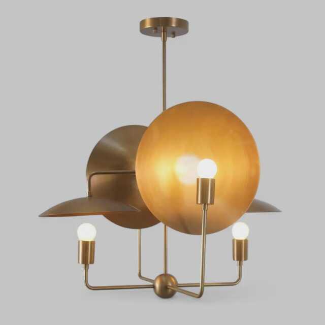 Mid Century Modern Sputnik Chandelier, Brass Finish, Disc Shade Pendant Light - image 1