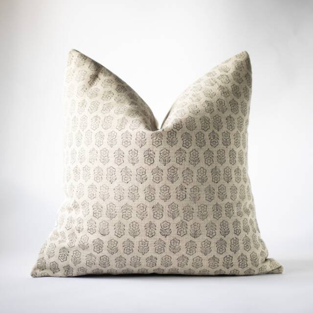 Floral Block Print Linen Pillow Cover Black Beige Farmhouse Decor - Billie - image 1