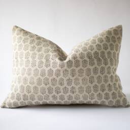 Floral Block Print Linen Pillow Cover Black Beige Farmhouse Decor - Billie - thumbnail 2