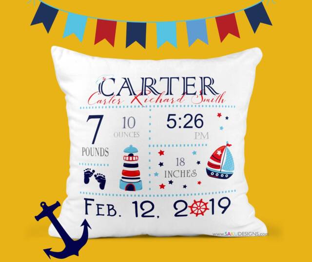 Sailboat Baby Stats Pillow-Birth Announcement-Nursery Decor-Baby Pillow-Nautical-Keepsake Pillow-Personalized Pillow-New Baby-Sailor - image 1