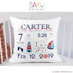 Sailboat Baby Stats Pillow-Birth Announcement-Nursery Decor-Baby Pillow-Nautical-Keepsake Pillow-Personalized Pillow-New Baby-Sailor - thumbnail 2