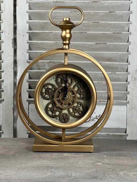 Cog Clock Brass Gold Desk Clock On Stand Roman Numerals Behind Glass Styled Animated Design - image 1