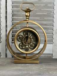 Cog Clock Brass Gold Desk Clock On Stand Roman Numerals Behind Glass Styled Animated Design