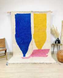 Minimalist Moroccan Beni Ourain Rug - Cream Wool Berber With Colorful Diamonds Large Area Shag Authentic Handmade Decor