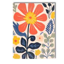 Folk Art Coral Flower With Navy Leaves Botanical Garden Canvas Wall Print Decor Picture Ready To Hang - thumbnail 1