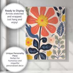 Folk Art Coral Flower With Navy Leaves Botanical Garden Canvas Wall Print Decor Picture Ready To Hang - thumbnail 3