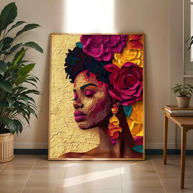 Black Woman Floral Portrait - Afrocentric Wall Art Modern African Print - Poster Only - image 1