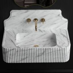 Carrara White Marble Sink With Backsplash, Wall Mount Sink, Custom Hand Carved Wash Basin - thumbnail 3