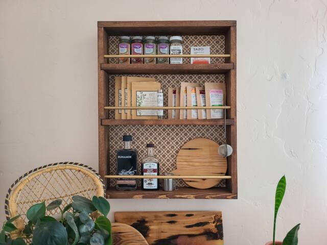 Farmhouse Wood Spice Rack/Wall Mount Kitchen Storage, Jar Shelf, Pantry Rustic Tea Coffee Shelf - image 1