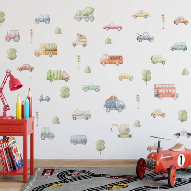 26 Watercolour Vehicles Wall Decals/City Cars Stickers Construction Boys Room Decor/ Nursery Decor - image 1