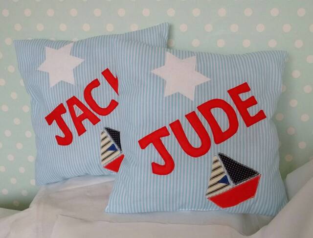 2 X Twin Baby Boys Personalized Cushion Pillow Kids 1st Birthday Teddy Bear Card Christening Present Bedroom Decor Blue Boat Nautical Shower - image 1