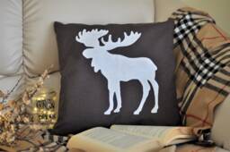 Moose, Pillow Cover, Decorative Pillowcase, Home Decor, Handmade, Hand Painted, 16 X 16, Brown & White Canvas, Christmas, Graduation, Gift - thumbnail 1