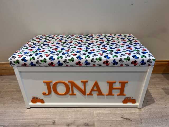Personalised Toy Box Bench, White Kids Storage Chest With Tractor Cushion Seat - image 1