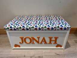 Personalised Toy Box Bench, White Kids Storage Chest With Tractor Cushion Seat