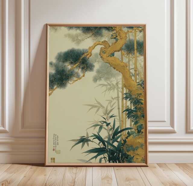 Asian Tree Wall Art Poster Bamboo Pine Illustration Nature Home Decor Living Room Print Soft Neutral Tones, Traditional Ink Style - image 1