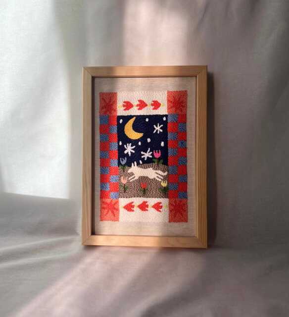 Whimsical Animal Moon & Wolf Fiber Art, Babyroom Decor Playful Folk Art For Eclectic Home - image 1