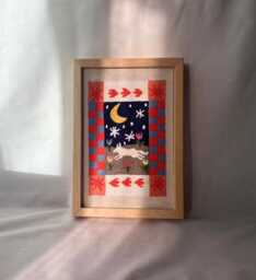 Whimsical Animal Moon & Wolf Fiber Art, Babyroom Decor Playful Folk Art For Eclectic Home - thumbnail 1