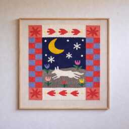 Whimsical Animal Moon & Wolf Fiber Art, Babyroom Decor Playful Folk Art For Eclectic Home - thumbnail 2