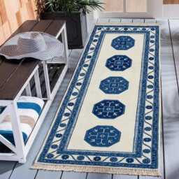 Hand Knotted Wool Runner Rug, Traditional Hallway Rug, Blue/Ivory Home Decor
