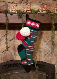 Hand Knit Christmas Stocking Red White Green Camo Stripe With Snowflake Chain By Santa's Works - thumbnail 1