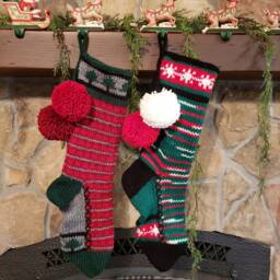 Hand Knit Christmas Stocking Red White Green Camo Stripe With Snowflake Chain By Santa's Works - thumbnail 3