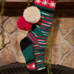 Hand Knit Christmas Stocking Red White Green Camo Stripe With Snowflake Chain By Santa's Works - thumbnail 2