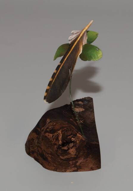 Hand-Carved Northern Flicker Feather Suspended By Young Buckthorn Plant - image 1