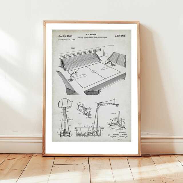 Basketball Court & Apparatus From Us Patent Design. Poster Gift Basketball Player, Sport, Locker Room Wall Art, Decor - image 1