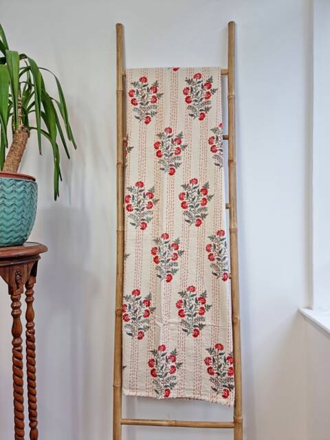 Kantha Stitch Pure Cotton Reversible Bed/Sofa Throw King Size - Handmade Handprinted Floral Dohar Vintage Cream Red Garden Blossom Stripe - image 1