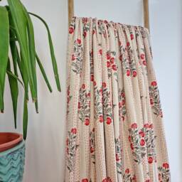 Kantha Stitch Pure Cotton Reversible Bed/Sofa Throw King Size - Handmade Handprinted Floral Dohar Vintage Cream Red Garden Blossom Stripe - thumbnail 3