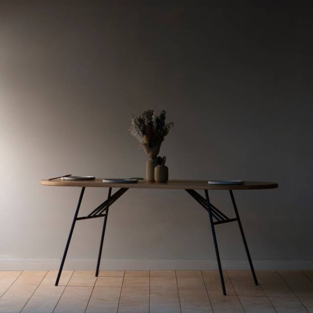 Konk ??? Huffer Table - Metal Legs Oak & Steel Industrial Kitchen Dining Table, Rounded Desk - image 1