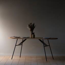 Konk ??? Huffer Table - Metal Legs Oak & Steel Industrial Kitchen Dining Table, Rounded Desk - thumbnail 1