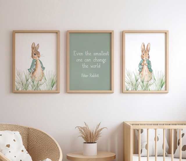 Set Of 3 Sage Green Peter Rabbit Nursery Print, Personalised Kids Bedroom Art, Decor, Wall New Baby Gift - image 1