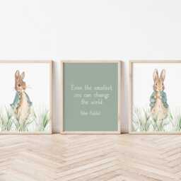 Set Of 3 Sage Green Peter Rabbit Nursery Print, Personalised Kids Bedroom Art, Decor, Wall New Baby Gift - thumbnail 3