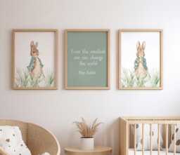 Set Of 3 Sage Green Peter Rabbit Nursery Print, Personalised Kids Bedroom Art, Decor, Wall New Baby Gift - thumbnail 1