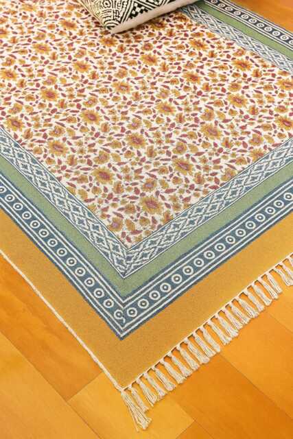 Handmade Block Printed Cotton Rug, Floral Medallion, 5x8 - image 1