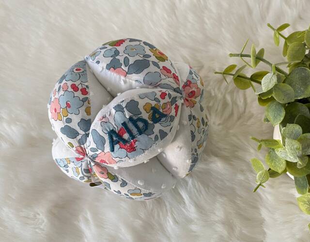 Montessori Type Grip Ball With Bells in Liberty Betsy & Plumetis - Customizable The First Name Of Your Little One - image 1