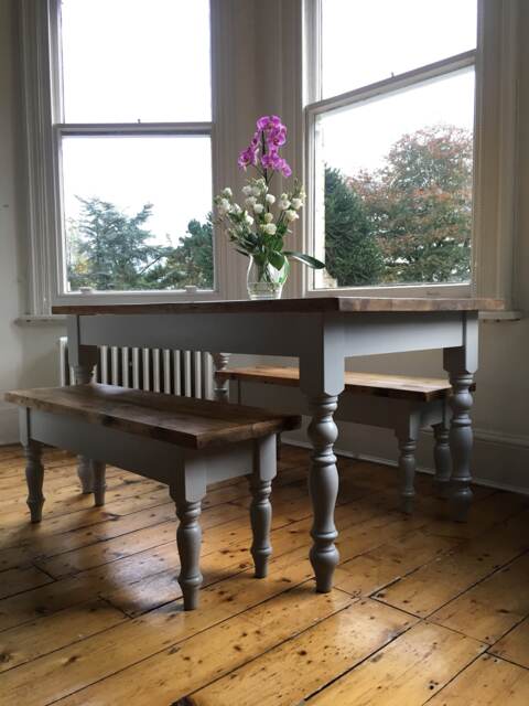 Farmhouse Dining Table Set With Bench - Custom Size Handmade Kitchen - image 1