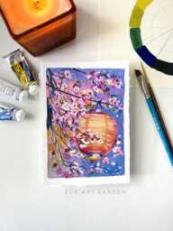 Cherry Blossom Lantern Art Print Whimsical Gouache Painting - thumbnail 1