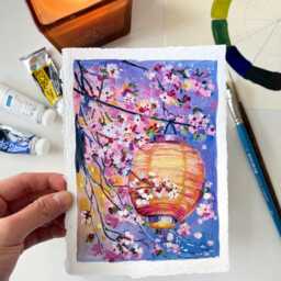 Cherry Blossom Lantern Art Print Whimsical Gouache Painting - thumbnail 2
