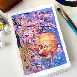Cherry Blossom Lantern Art Print Whimsical Gouache Painting - thumbnail 3