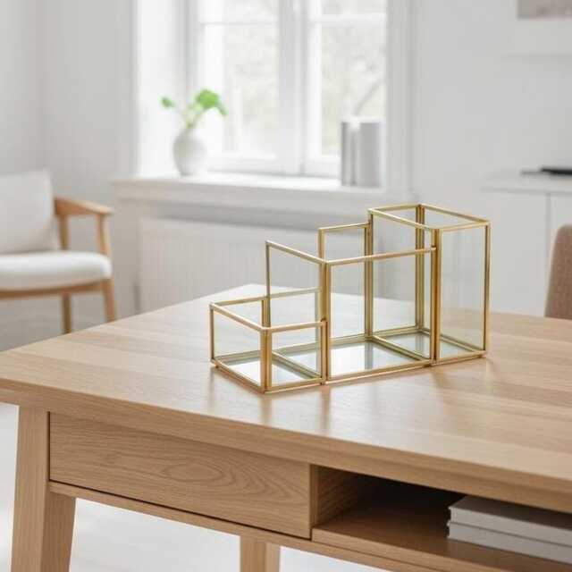 Pen Holder Office Decoration Makeup Organizer Brass Gold Glass Accessories Geometric 8x4x5 - image 1