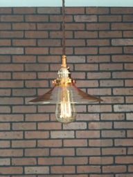 "Industrial Pendant -Copper 8"" Glass Amber Flat Shade With Patented ""Huila Electrical Connectors"