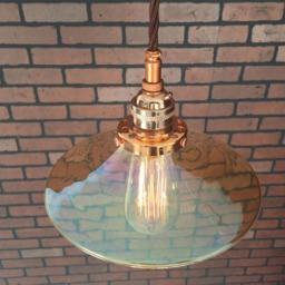 "Industrial Pendant -Copper 8"" Glass Amber Flat Shade With Patented ""Huila Electrical Connectors" - thumbnail 3