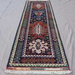 "9 Ft Navy Blue Baluch Runner Rug, Geometric Afghan Hand Knotted Veg Dyes Wool Oriental Hallway Runner, Kitchen Runner 2'7""x8'5" - thumbnail 2
